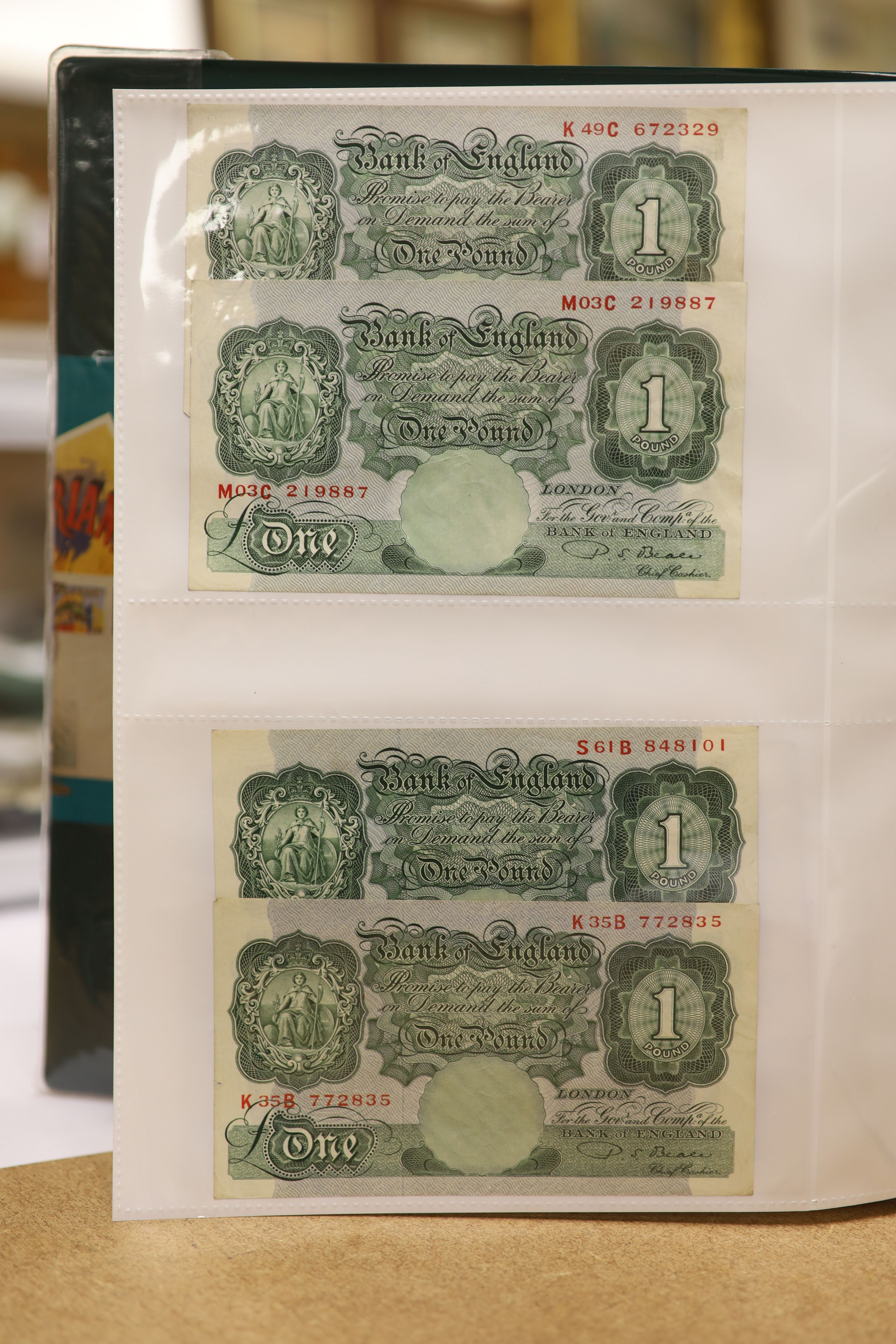 A collection of Bank of England and Scottish banknotes to include: 21 QEII 10 shillings, 14 O'Brien and Beale 10 shillings, 1 Peppiatt 10 shillings, 4 Hallam one pound notes, 18 O'Brien or Beale one pound notes, 8 Peppia